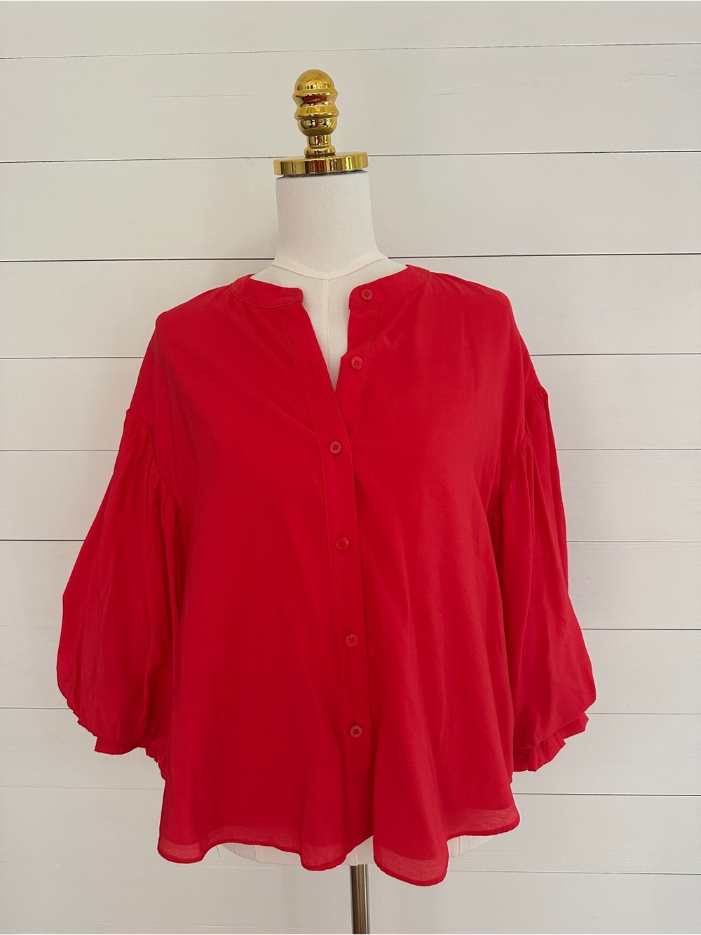 Women’s Red Button-Front Blouse with Billowy Sleeves - Picture 1 of 5
